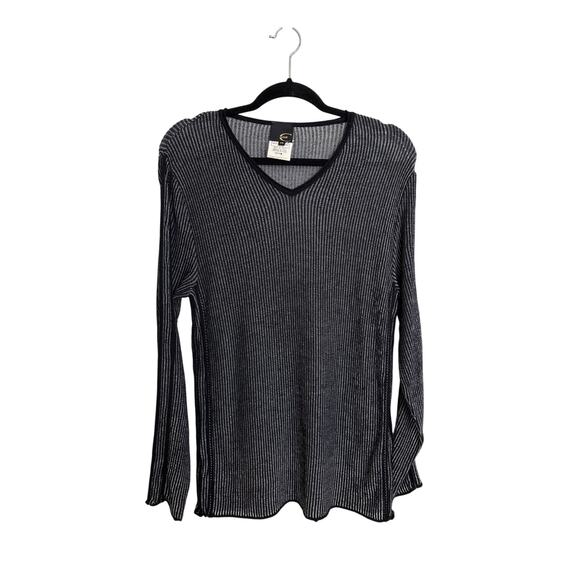 Just Cavalli Top Womens 12 IT48 Striped Ribbed Thin Knit V-Neck Black White - Picture 1 of 4